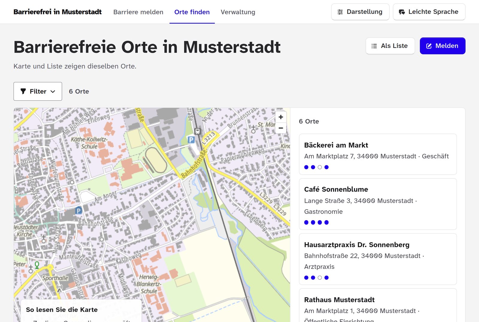 Ansicht Barrierefreie Orte in Musterstadt: links die Straßenkarte, rechts die Liste mit Bäckerei am Markt, Café Sonnenblume, Hausarztpraxis Dr. Sonnenberg und Rathaus Musterstadt.