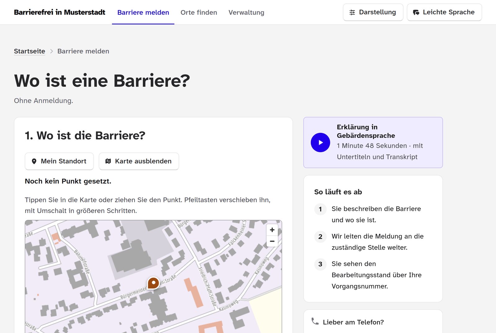 Ansicht Barriere melden: Die Seite fragt, wo die Barriere ist. Links eine Karte mit gesetztem Punkt, rechts die Erklärung in Gebärdensprache und die drei Schritte der Meldung.